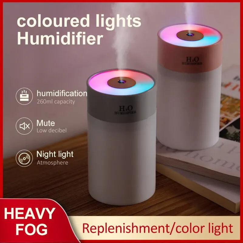 Humidificador Luminous Desktop, Spray pequeno suplemento de água, Humidificação do ar, Luz noturna portátil do carro USB, Doméstico, 260ml